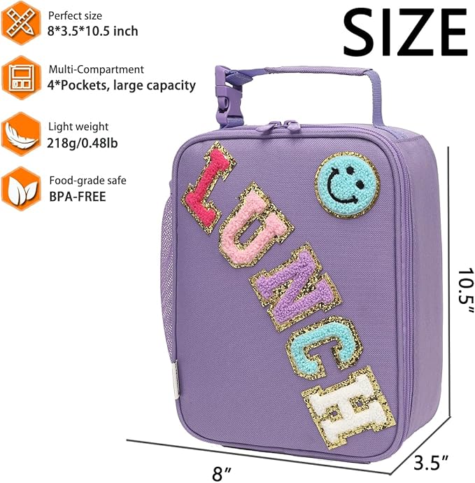 Insulated Lunch Bag for Women Girl Teen large Insulated Kid Lunch Bag,Large Reusable Cute Cooler Bag for School Work Picnic,Purple Alphabet