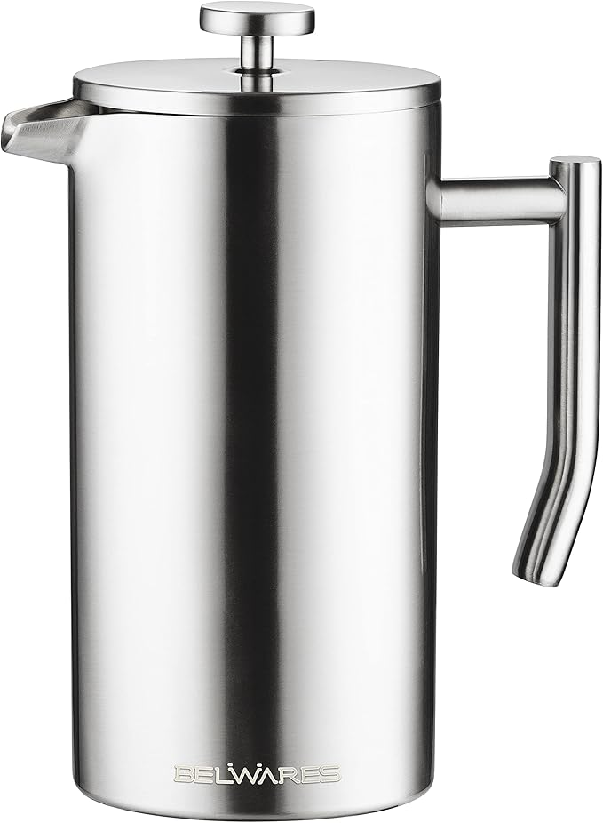 Belwares French Press Coffee Maker 50 Oz – Insulated Coffee Press Stainless Steel 304 Large – Double Wall, & 4 Level Filtration System (1.5 Liter) – Silver