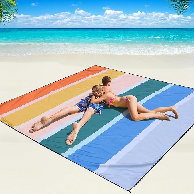 Beach Blanket Waterproof Sandproof Beach Mat 79" X 83" /10'x9'for 2-8 Adults Quick Drying Outdoor Picnic Mat Beach Accessories for Travel, Camping, Hiking