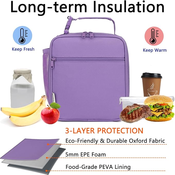 Lunch Box for Kids Boys Girls Men Women, Insulated Small Soft Cooler Lunch Bag Kit for School Work Picnic Travel - Reusable Portable lunchbox, Purple