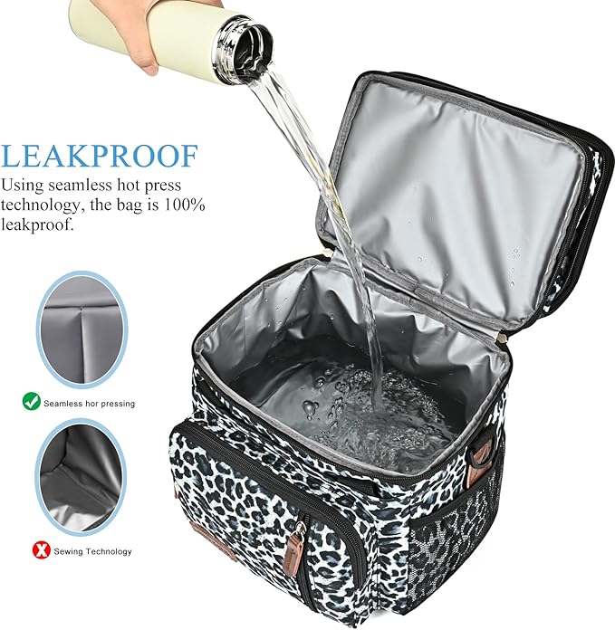 MIYCOO Lunch Bag for Women Men Double Deck Lunch Box - Leakproof Insulated Soft Large Lunch Cooler Bag, (Leopard print,15L)