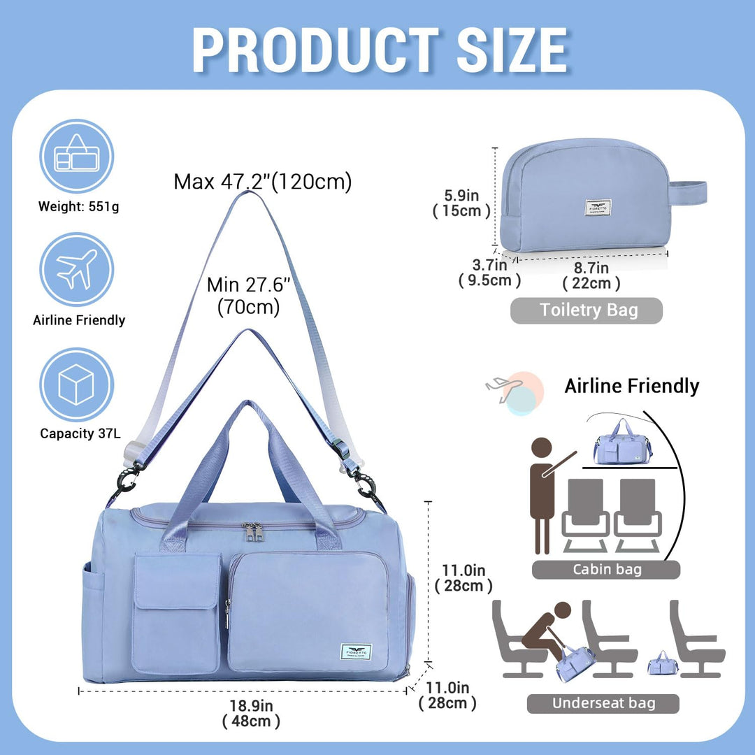 FIORETTO Women's Water-Resistant Gym Duffle Bag with Shoes Compartment, 37L Capacity, Multi-Functional, Ideal for Travel, Gym, Sports, Weekender, with Toiletry Bag, Blue
