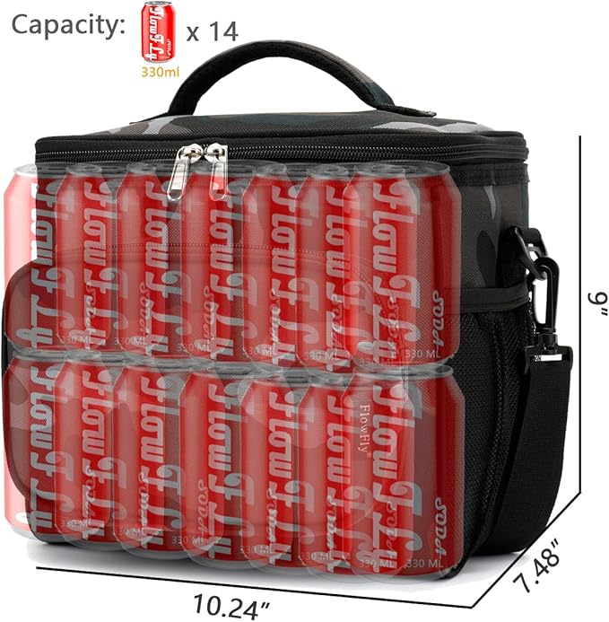 FlowFly Insulated Reusable Lunch Bag Adult Large Lunch Box for Women and Men with Adjustable Shoulder Strap,Front Zipper Pocket and Dual Large Mesh Side Pockets,BlackCamo