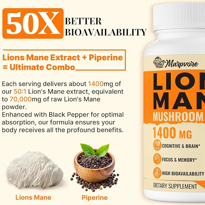 70,000mg Lions Mane Supplement Capsules - 50X Strength Potency Lions Mane Supplement Extract, 50% Polysaccharides & Beta - 180 Caps