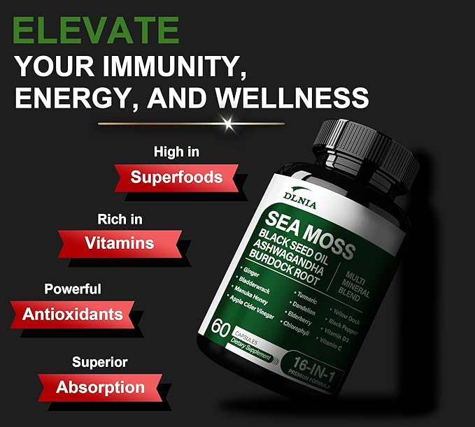 16-in-1 Organic Sea Moss, Ashwagandha, Black Seed Oil, Turmeric, Bladderwrack Burdock, Vitamin C & D3 with Elderberry Manuka Dandelion Yellow Dock