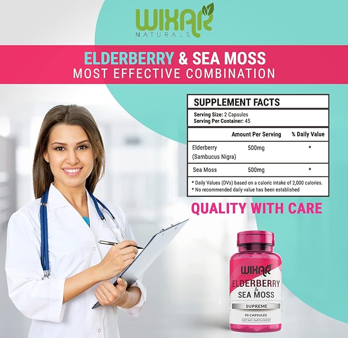 Elderberry and Sea Moss Supreme Capsules - Natural Black Elderberries with Wildcrafted Sea Moss Pills - 90 Capsules - Antioxidants - Herbal Supplements - Immune Support Supplement