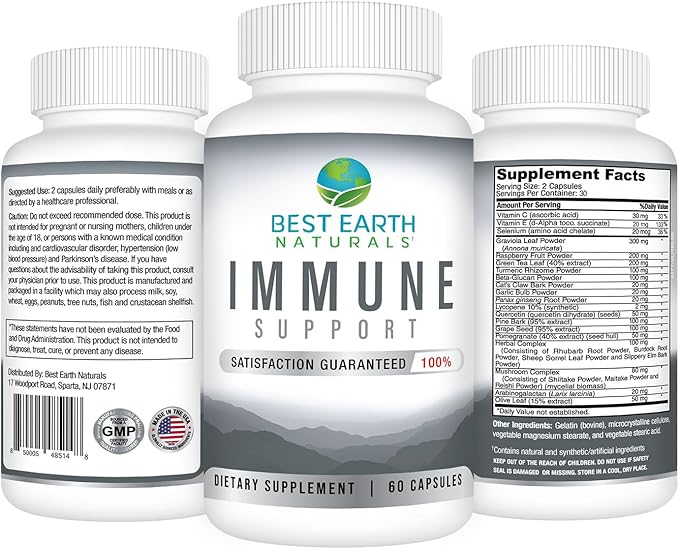 Best Earth Naturals Immune Support Supplement - Multi Vitamins for Adults with Vitamin C 30mg, Vitamin E 30 Iu, Turmeric, Mushroom, Garlic Supplement & More - 60 Capsules