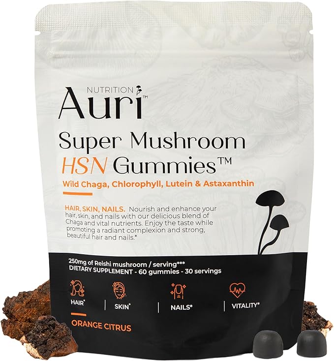 Auri Super Mushroom HSN Gummies - Hair Skin and Nails Gummies Functional Mushrooms Supplement - with Wild Chaga, Chlorophyll, Lutein and Astaxanthin - 60 Orange Citrus Gummies