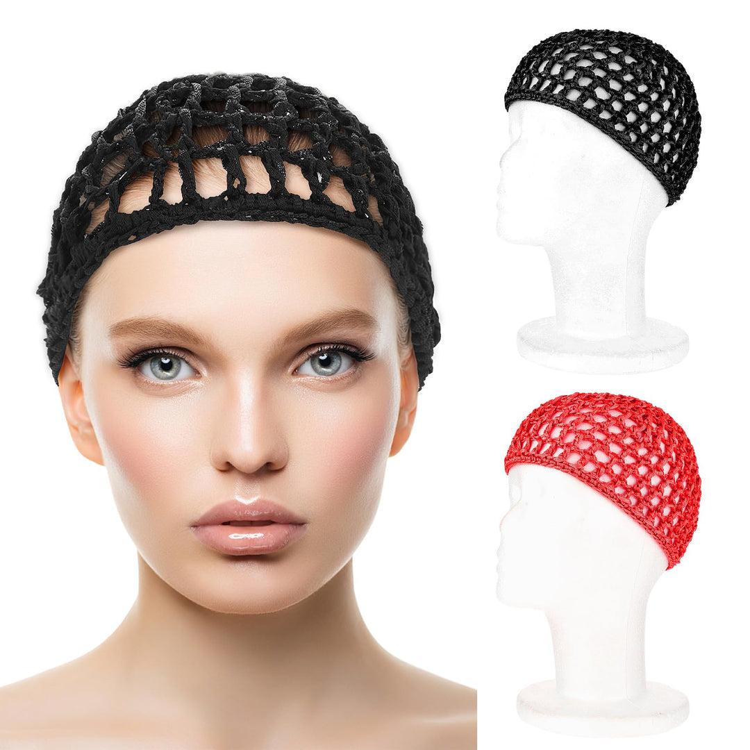 WLLHYF 2PCS Elastic Sleep Nets Hairnet Knit Sleeping Cover Breathable Crochet Head Cap Stretchy Mesh Bandana Anti Frizz Shower Bathing Hats Press Absorption Curly Straight Hair(Red/Black)