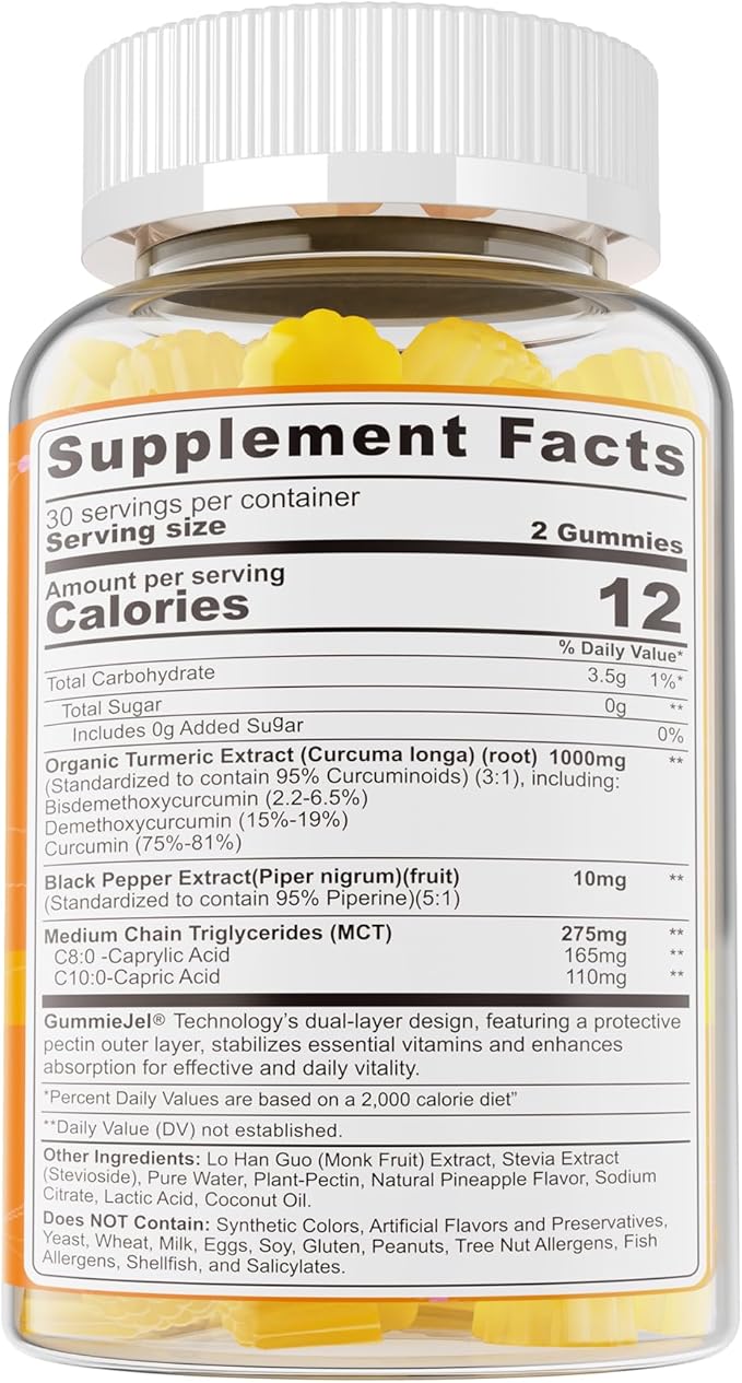 Turmeric Curcumin Gummies for Adults, with Medium Chain Triglycerides (MCT) Oil, Black Pepper Extract, Ultra Absorption, Sugar Free, 120 Gummies, 60 Servings