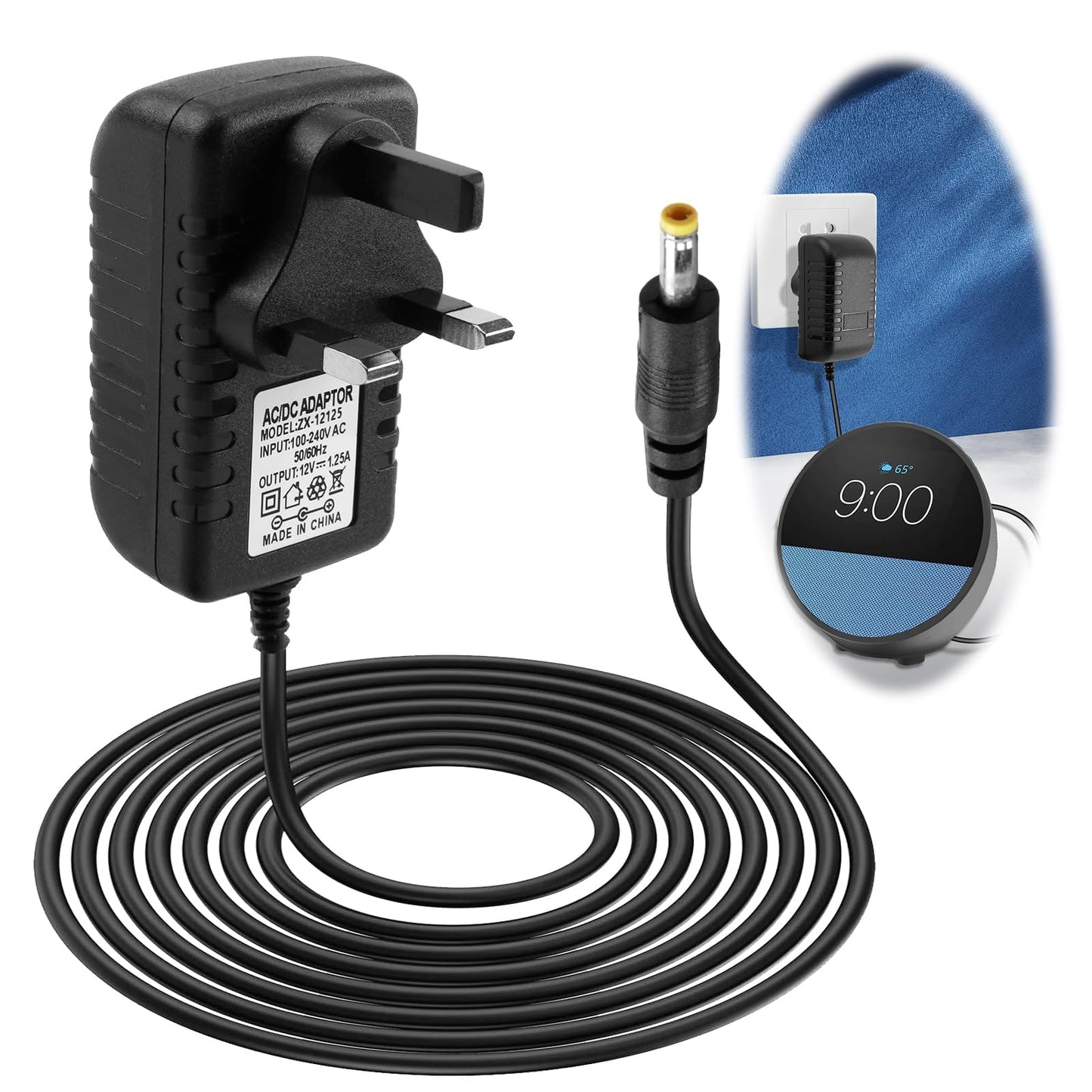 12V 1.25A Power Supply Charger， Compatible with Echo Dot 3rd/4th/5th Gen and Echo Dot with Clock 15W Power Cable Adapter with 4.0x1.7mm Plug for Smart Devices Durable 6.5FT Cord for Home or Office