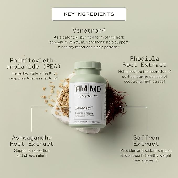 Dr Amy Myers ZenAdapt - Adaptogen Supplement Blend to Support Mind & Stress Relief - Pea (Palmitoylethanolamide) & Saffron to Help Modulate a Healthy Stress and Metabolic Response - 120 Capsules