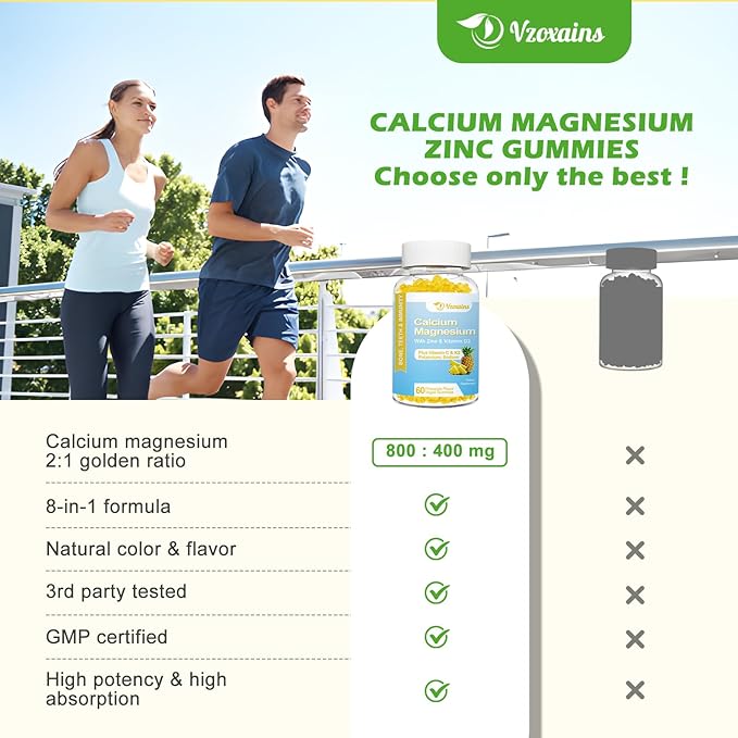 High Absorption Calcium Gummies, Sugar Free Calcium Magnesium Gummies with Vitamin D3 for Men and Women, Pineapple Flavor 60 Cts