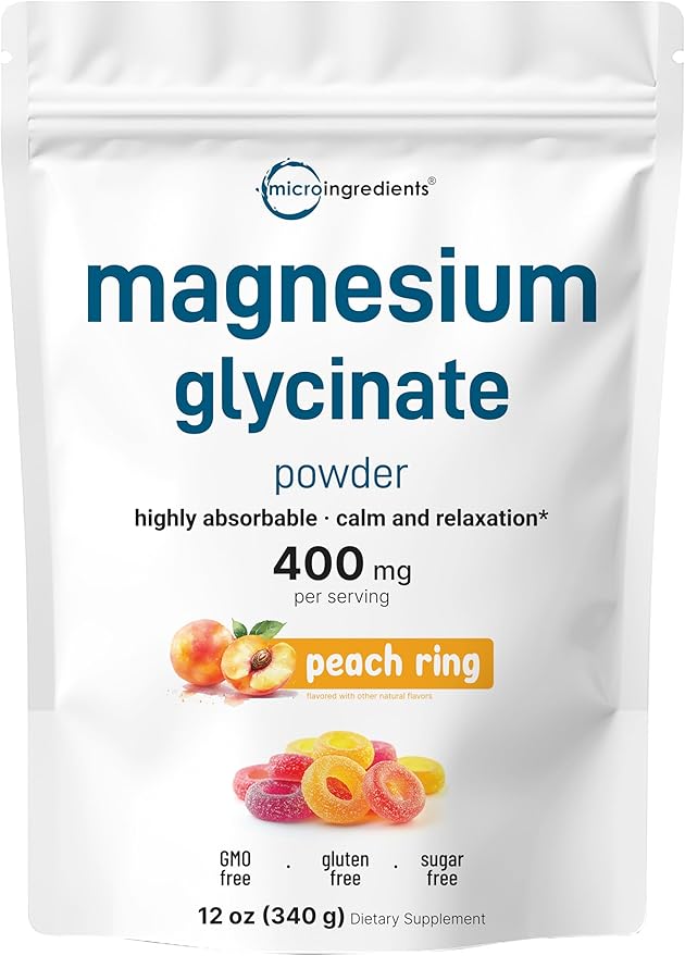 Magnesium Glycinate Powder for Sleep & Relaxation, 12oz (56 Servings) | 400mg of Highly Bioavailable Magnesium Glycinate | Healthy Muscle, Bones & Mood Support - Sweet Peach Ring Flavor, Sugar Free