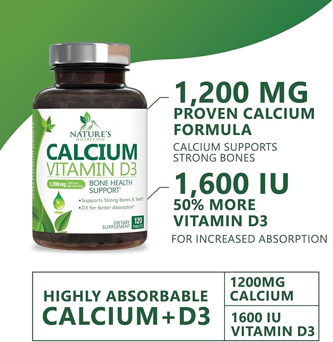 Calcium Supplement with Vitamin D - 1200 mg Calcium Carbonate with 1600 IU of D3 Vitamins - Supports Bone Strength, Teeth & Immune System - Natural & Easily Absorbable for Women & Men - 120 Tablets