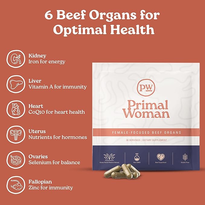 Beef Organ Supplement for Women - Heart, Liver for Women, Grass Fed, Pasture Raised Liver | Primal Beef Organ Capsules Woman (60 Capsules)