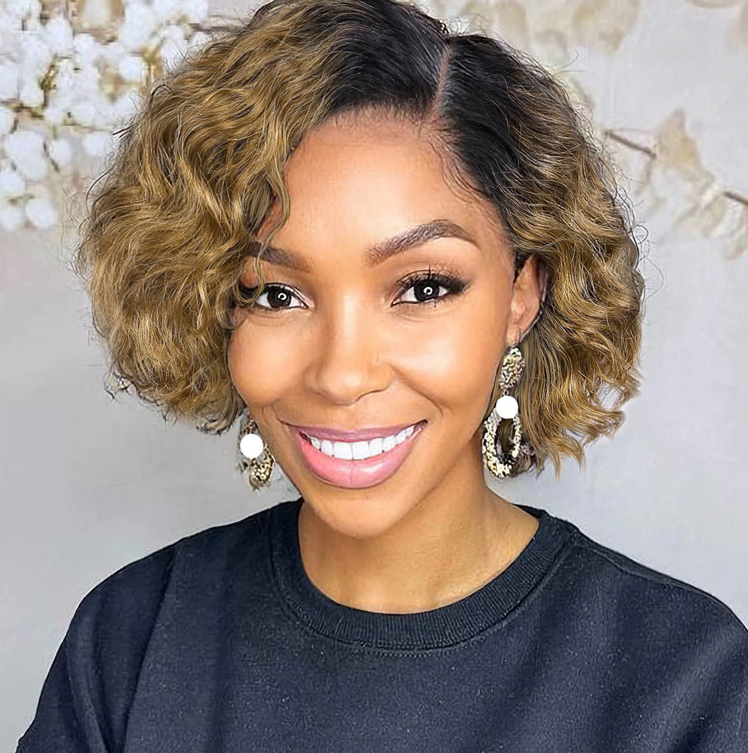 Wiger Short Human Hair Curly Wigs Ombre Curly Bob Hair Wig Brown Short Curly Lace Front Wigs For Black Women 8 Inch Glueless Cur
