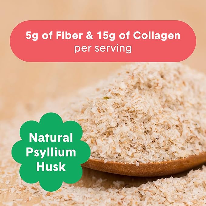 Bellway Super Fiber Powder + Collagen, Sugar-Free Psyllium Husk Powder with Collagen Peptides and Hyaluronic Acid for Gut Health, Healthy Skin, Nails, Bones & Joints, Watermelon (10.6 oz)