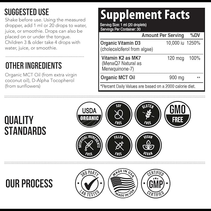 Organic Plant D3 + K2 - 10,000 iu D3 - All-Trans MK7 from MenaQ7 (120 mcg K2) - 100% Organic & Plant-Based Sublingual D3 Drops (Cholecalciferol), 100% Vegan - Supports Immunity, Bone, Mood & Brain