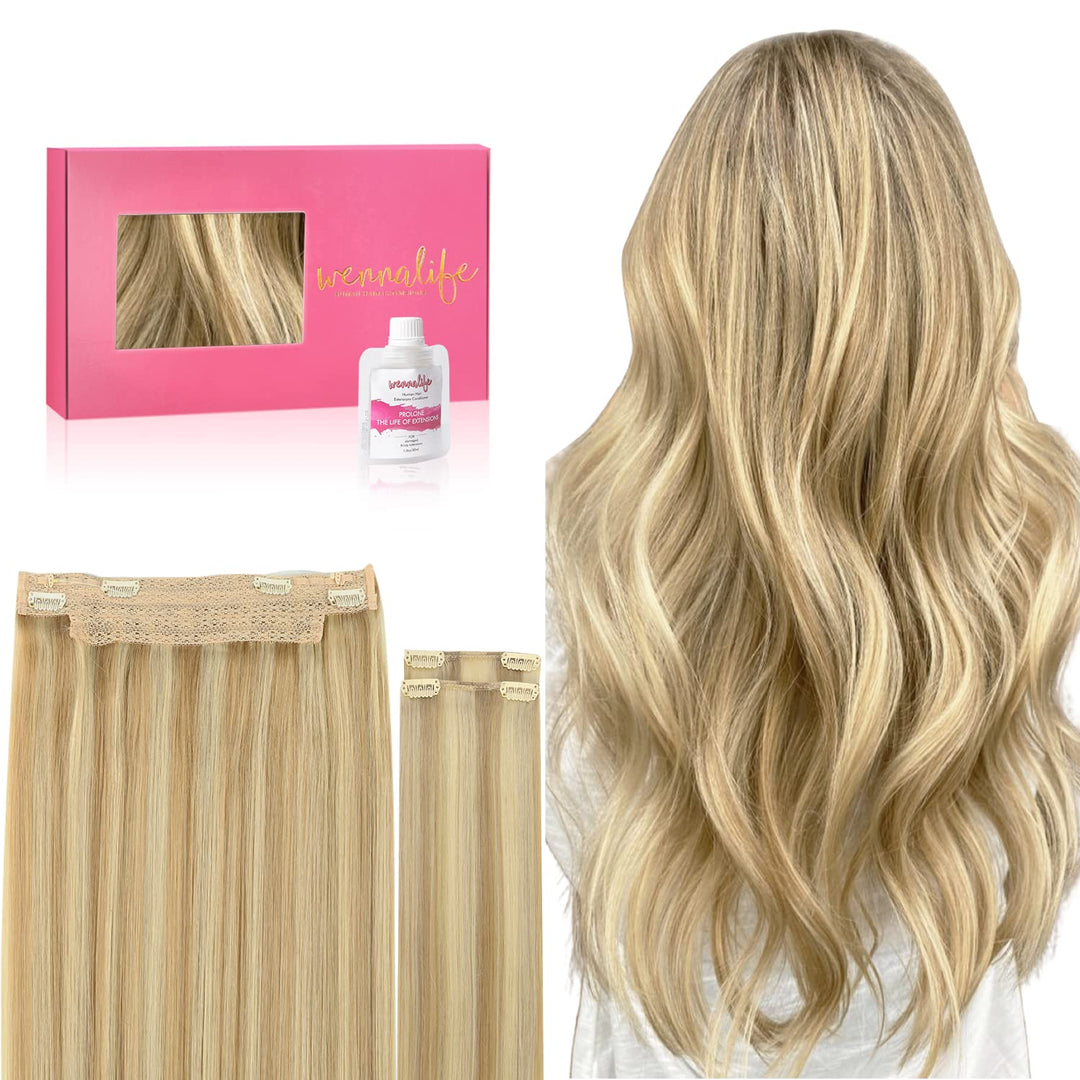Wennalife Wire Hair Extensions (Increase 50% Lifespan) Real Human Hair 14 Inch 105G Light Blonde Highlighted Golden Blonde Remy