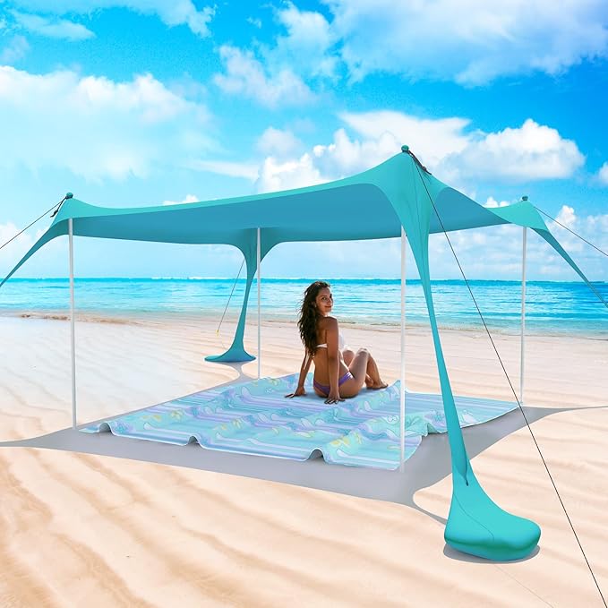 Beach Tent Pop Up Shade Canopy Sun Shelter UPF50+ with 2 Stability Poles/Carry Bag/Ground Pegs/Sand Shovel/Windproof Ropes Portable Outdoor Family Sunshade for Beach Camping (Teal Blue, 7×7FT)