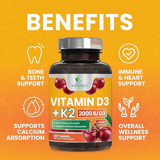 Vitamin D3 K2 2000 IU Plus with K2 (MK-7) 75 mcg - Vitamins D & K Complex Supplement for Bone, Teeth, Muscle, Calcium Absorption, Supports Immune & Heart Health, Non-GMO Chewable Formula - 120 Tablets