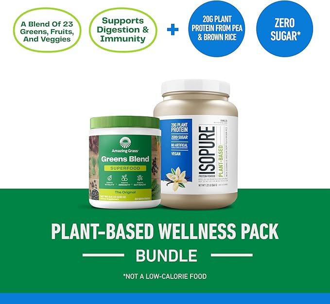 Bundle of Amazing Grass Greens Superfood Powder: Original, 30 Servings + Isopure Vanilla Vegan Protein Powder, Plant Based, Organic Pea Protein, Dairy Free, 20 Servings (Packaging May Vary)