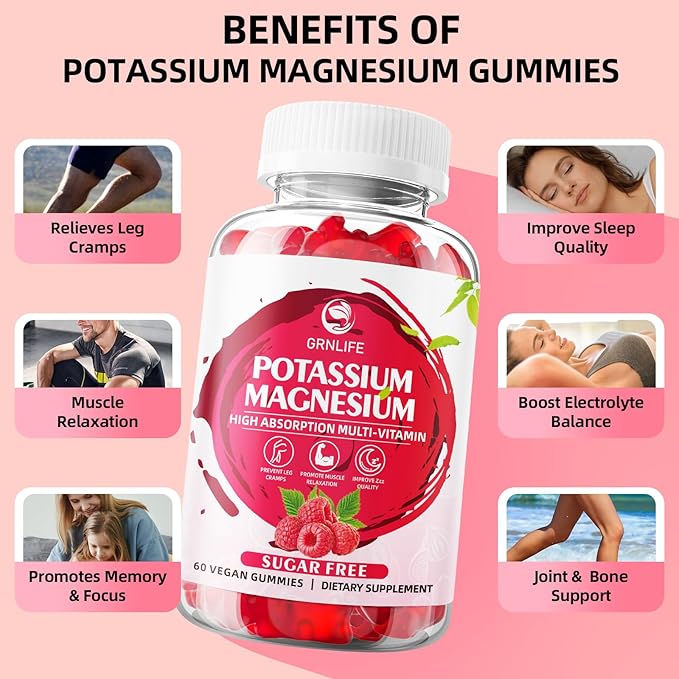 Potassium Magnesium Supplement Gummies, Potassium Gummies for Adults Kids, High Absorption Magnesium Glycinate for Leg Cramps & Immune Health, Sugar-Free, Raspberry Flavors, 120 Count