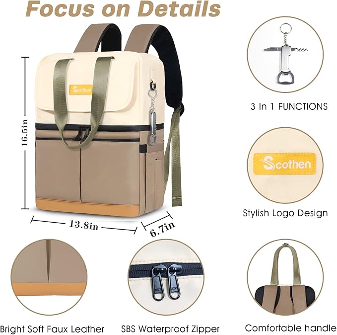 Backpack Cooler with Double Decker & 12 Ice Packs- Keeps 36 Cans Cold for Up to 24 Hours- Waterproof & Leak Proof Insulated Cooler Backpack- Stylish Cooler Bookbag for Women Travel Work Beach