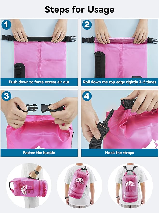 HEETA Waterproof Dry Bag with Phone Case Bundled with Upgraded Dry Bag with Zippered Pocket for Women & Men, Roll Top Lightweight Dry Storage Bag Backpack for Kayaking, Boating, Camping (Pink 5L)
