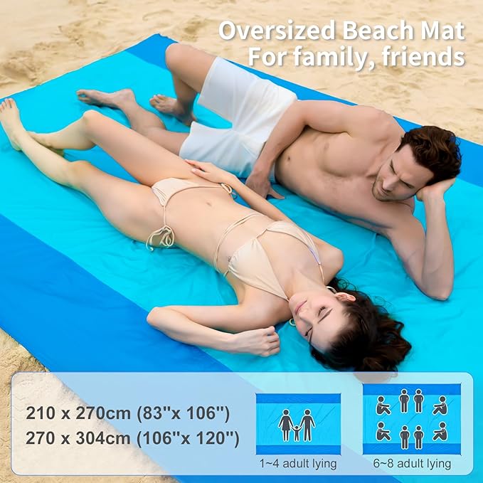 Beach Blanket Sandproof, Extra Large Beach Mat 120'' x 106'' Oversized Big & Compact Travel Mat Quick Drying, Lightweight, Pockets Picnic Mat for Beach, Camping, Hiking
