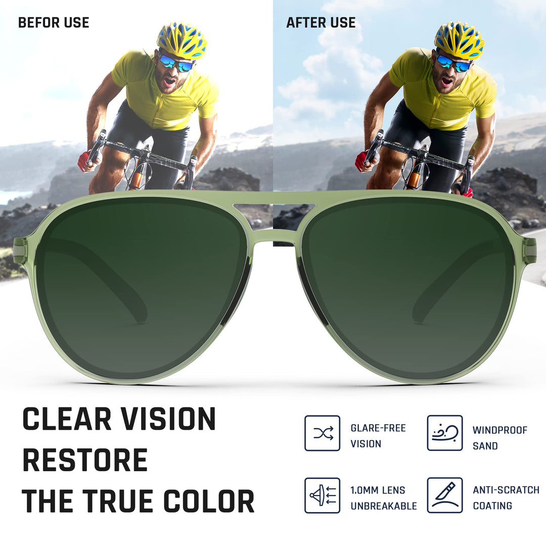 TOREGE Sunglasses for Men Aviator Polarized Sunglasses for Women Sports Glasses Fishing Boating Beach Golf Driving TR75(Transparent Green&Dark Green&Green Lens C4)