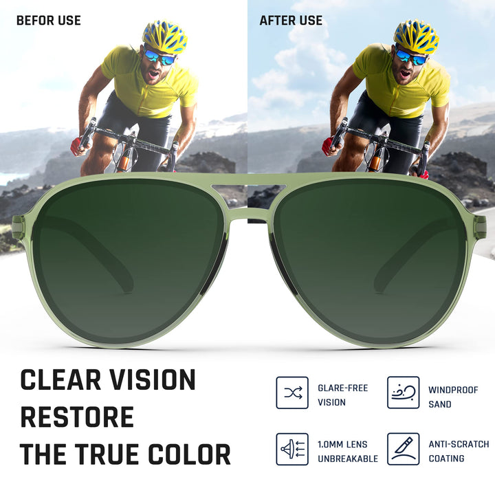TOREGE Sunglasses for Men Aviator Polarized Sunglasses for Women Sports Glasses Fishing Boating Beach Golf Driving TR75(Transparent Green&Dark Green&Green Lens C4)