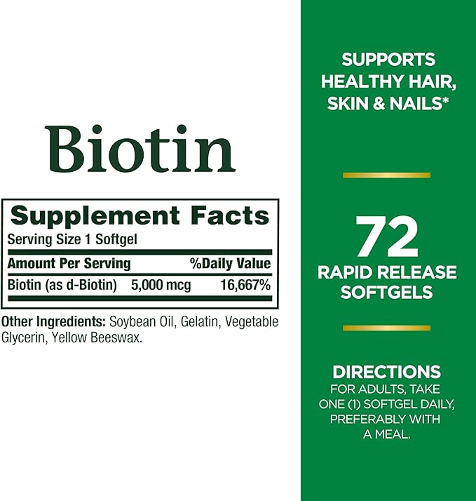 Nature’s Bounty Biotin Supplement, Supports Healthy Hair, Skin & Nails, 5000mcg, 72 Rapid Release Softgels