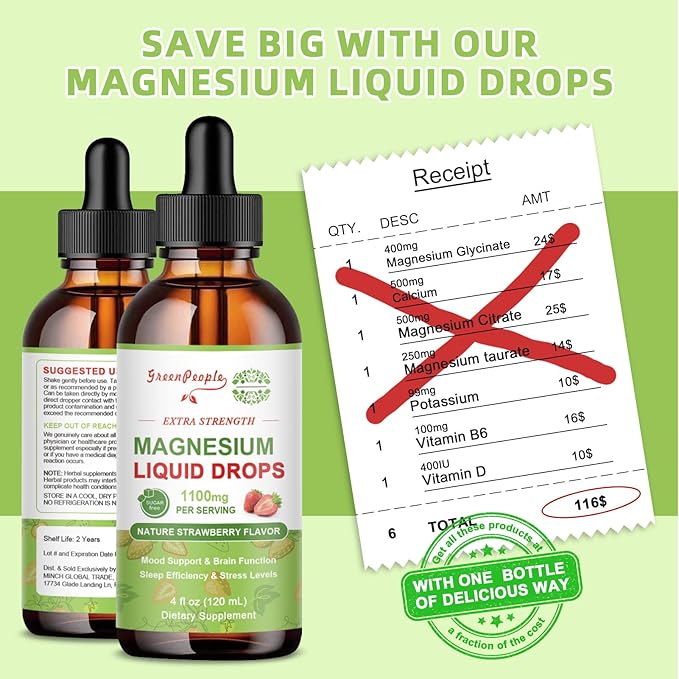 Magnesium Glycinate Liquid Drop - 17-in-1 Triple Absorption Magnesium Supplement with Magnesium Glycinate 400mg & Citrate 500mg for Muscle & Sleep,4 fl. oz Strawberry Flavor-2 Pack
