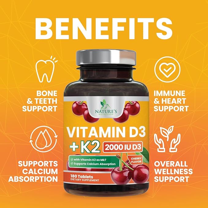 Vitamin D3 K2 2000 IU Plus with K2 (MK-7) 75 mcg - Vitamins D & K Complex Supplement for Bone, Teeth, Muscle, Calcium Absorption, Supports Immune & Heart Health, Non-GMO Chewable Formula - 180 Tablets