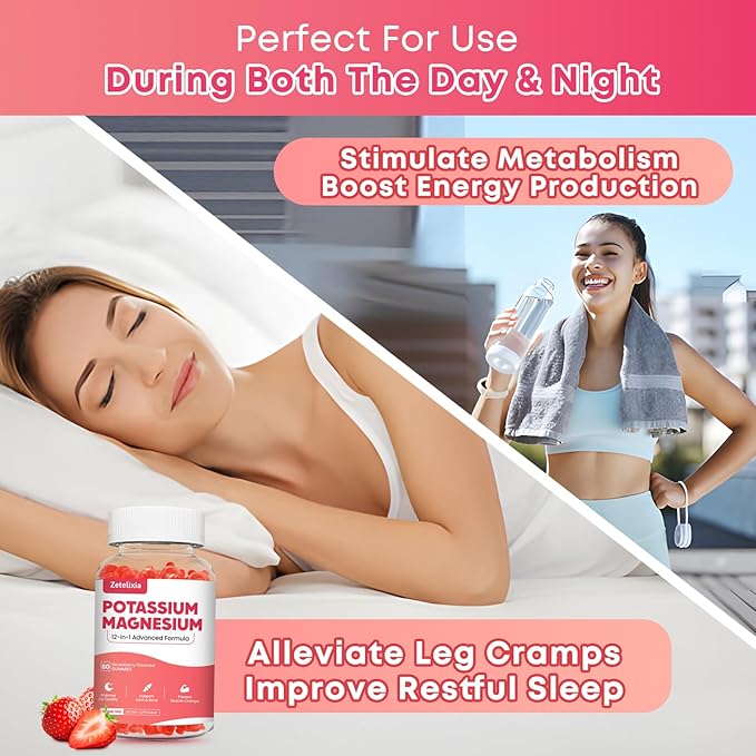 Potassium Magnesium Supplement Gummies for Adults Kids, Magnesium Glycinate & Potassium Citrate, Plus Multivitamin, Omega-3 & Black Pepper, Leg Cramps, Muscle & Heart Health, 60ct