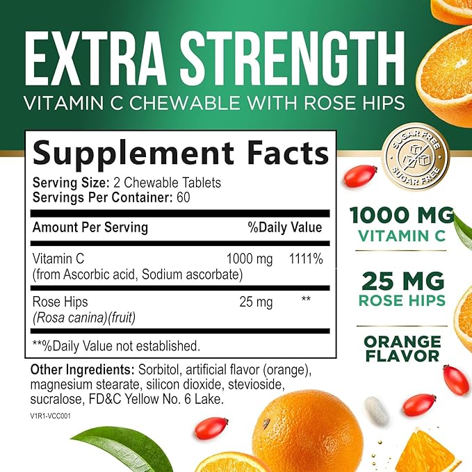 Chewable Vitamin C 1000mg - Extra Strength Antioxidants for Powerful Immune Support w/Vitamin C & Rose HIPS - Potent Dietary VIT C Chews Supplement, Natural, Vegan - Tasty Orange Flavor - 120 Tablets