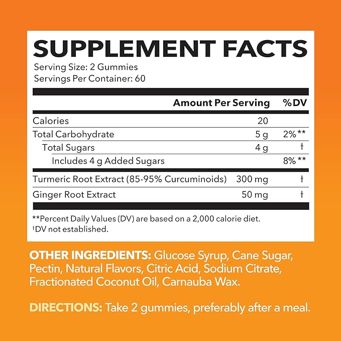 Turmeric Gummies with Ginger and 95% Curcuminoids - Digestive Health and Immune Support Supplement for Overall Wellness - 120 Count - Vegan, Non-GMO Curcumin Vitamin - Peach Flavor, 2 Month Supply