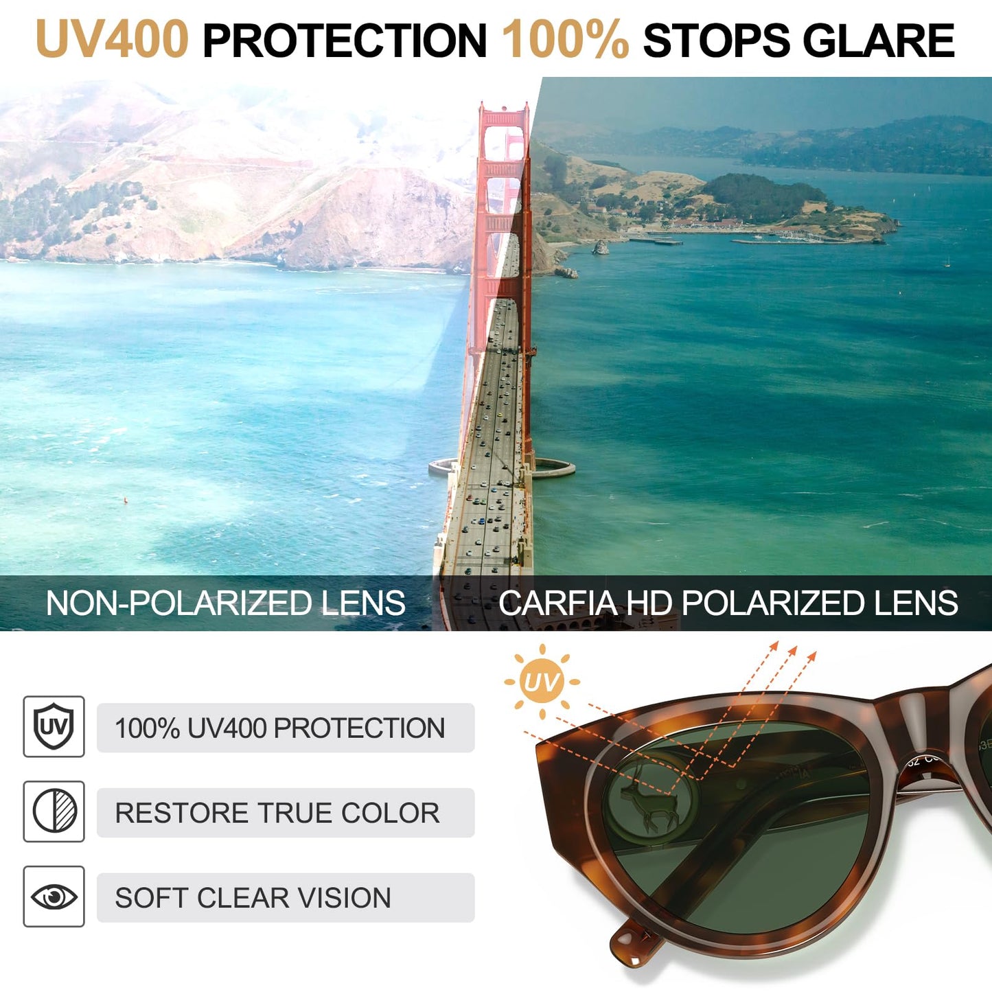 CARFIA Stylish Women's Cat-Eye Polarised Sunglasses Elegant Style for Ladies with Distinctive Antelope Logo in Italian Acetate Frame