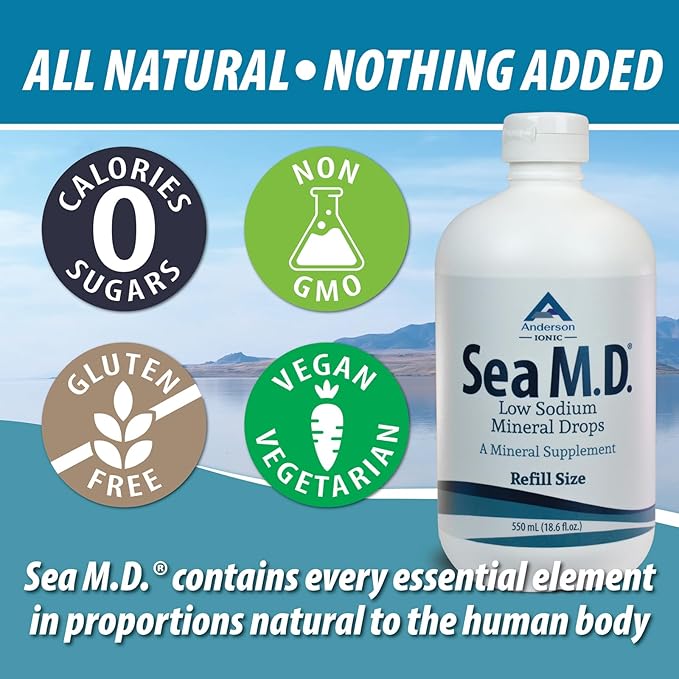 Anderson Sea M.D. New Refill Size Concentrated Trace Mineral Drops, Ionic Electrolyte Magnesium Supplement, Aids in Muscle Cramps, Joint Health, Liquid Magnesium, Easy to Take, 550mL, 275 Servings