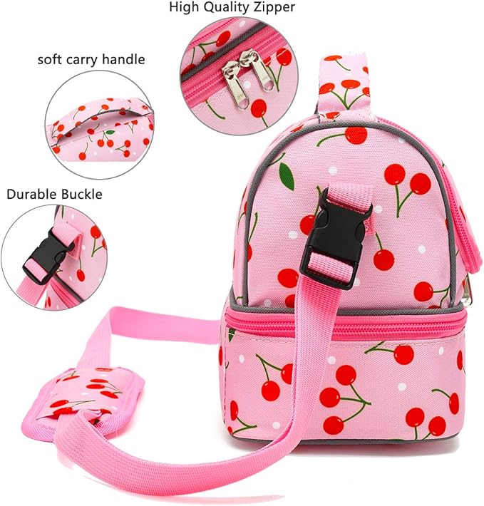 FlowFly Kids Double Decker Cooler Insulated Lunch Bag Large Tote for Boys, Girls, Men, Women, With Adjustable Strap, Cherry