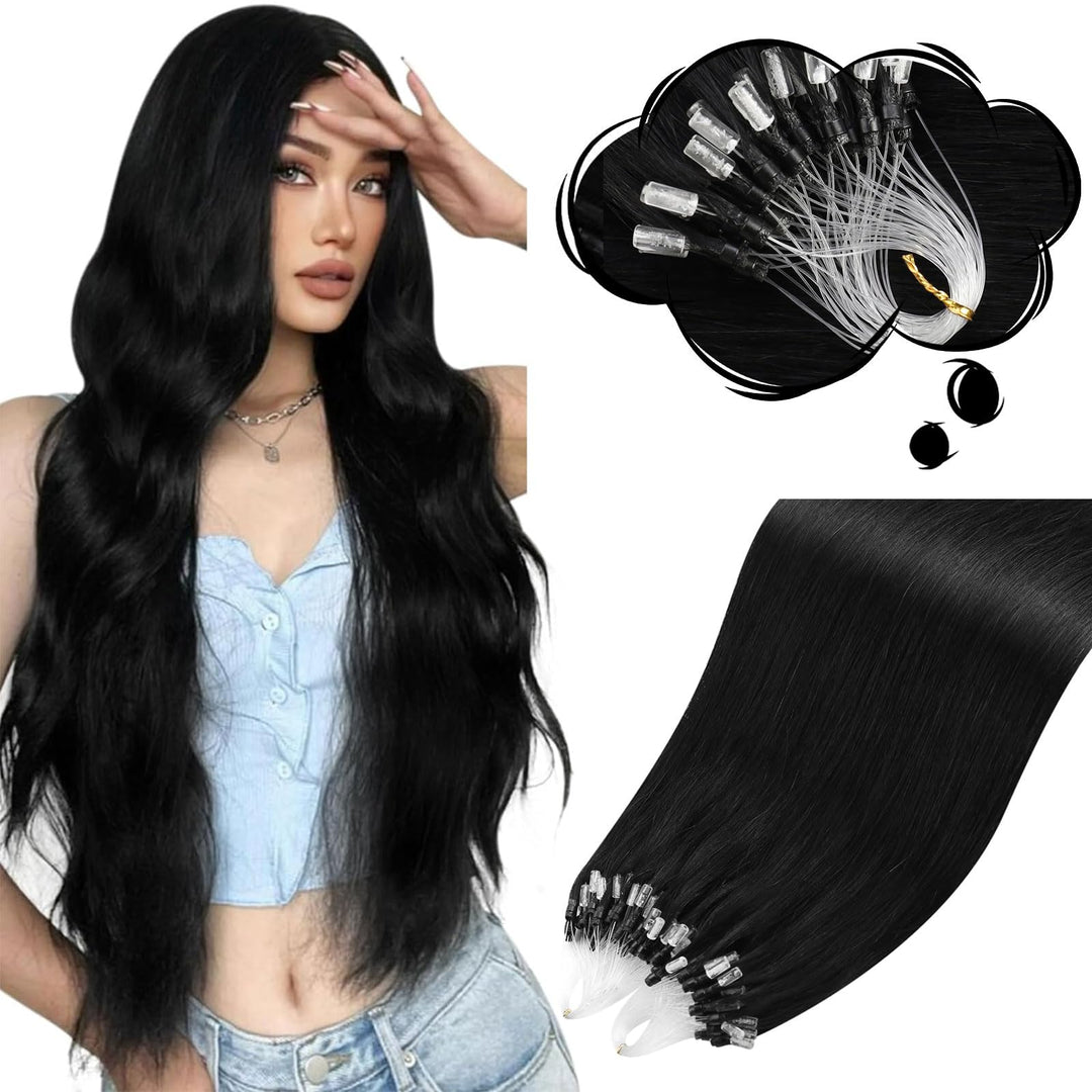 Moresoo Micro Loop Hair Extensiosn Real Human Hair Jet Black Microlink Hair Extensions Human Hair Extensions Black Micro Beads H