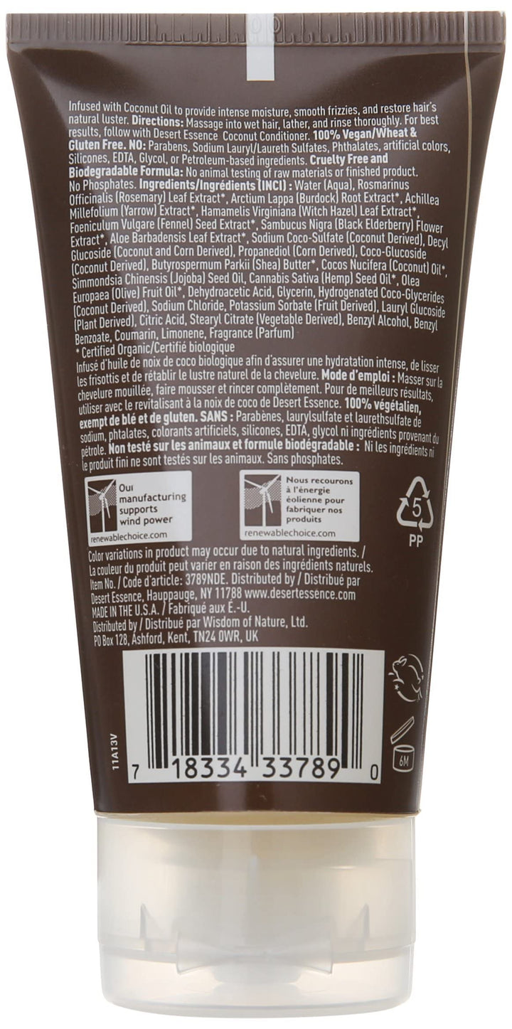 Desert Essence Coconut Shampoo, Nourishing for Dry Hair, Moisturizing, Softening, Hydrating, Anti-frizz, Olive Oil, Aloe Vera, Shea Butter, Paraben & Cruelty Free, 1.5 Fl Oz