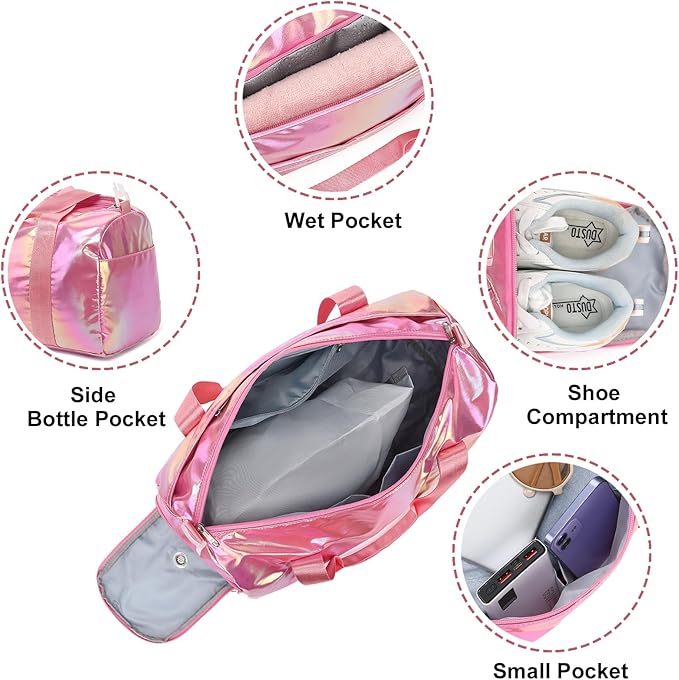 Gym Bag Sports Duffle Bag with Wet Pocket Weekender Overnight Bag with Waterproof Shoe Pouch and Air Hole for Girls Kids Women Travel Foldable Bag