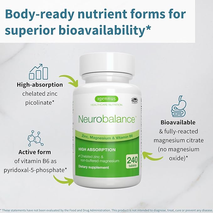 Igennus Neurobalance, High Absorption Zinc Magnesium Vitamin B6 Supplement, Non-GMO, Brain, Immune, Sleep & Muscle Recovery, Chelated Zinc Picolinate 24mg, Oxide-Free Magnesium, Vegan, 240 Tablets
