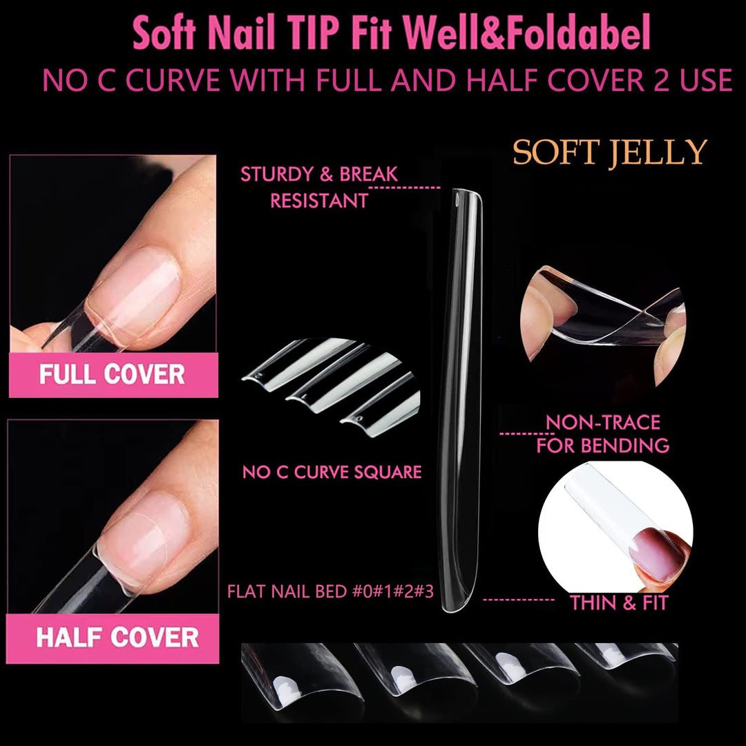 XXL Square Gel Nail Tips | 120 PCS Extra Long | No C Curve | DIY Home Use