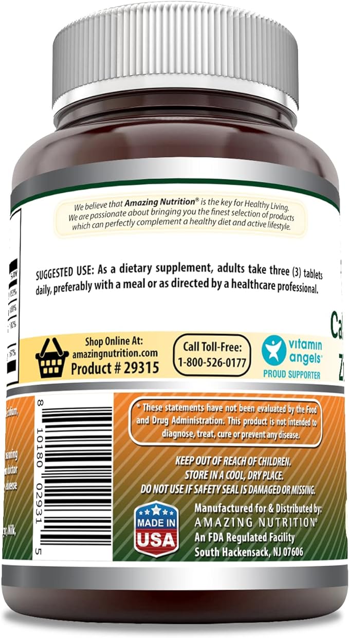 Amazing Formulas Calcium Magnesium Zinc D3 - 300 Tablets Per Bottle Supplement (Calcium 1000mg - Magnesium 400mg - Zinc 25mg Plus Vitamin D3 600 IU - Per Serving of 3 Tablets)