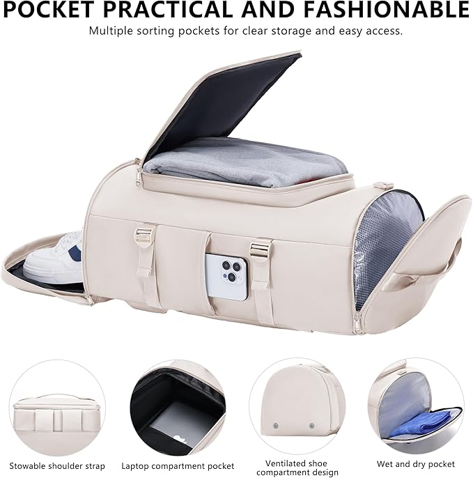MIYCOO Gym Bag with Shoes Compartment and Wet Pocket - Sports Duffle for Men and Women, Travel Backpack Weekender Overnight Bag Beige