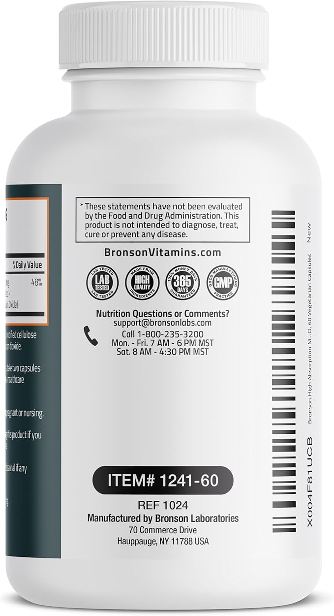 Bronson Magnesium Glycinate 200mg High Absorption Chelated Buffered Gentle On The Stomach Non-GMO, 60 Vegetarian Capsules